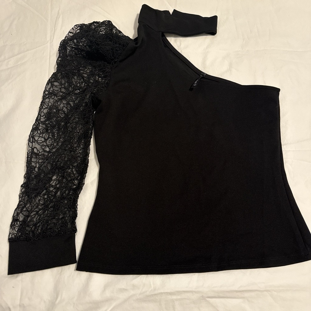 Elegant Black One-Shoulder Lace Sleeve Blouse